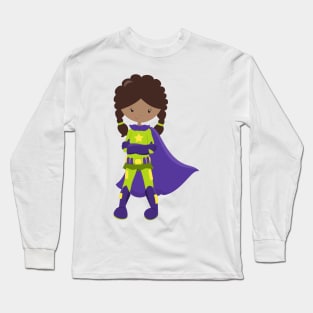 African American Girl, Superhero Girl, Purple Cape Long Sleeve T-Shirt